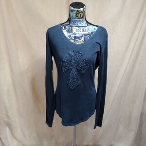 Navy Blue Long Sleeve Top with Embellished Cross